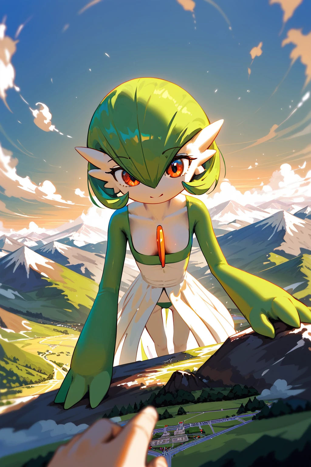 (score_9,score_8,score_7),{{green and white}}, gardevoir, pokemon, macro, high angle, {{standing on the ground}}, standing , continent, mountain, atmosphere, pov from upon