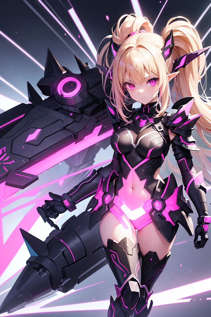 Create a highly detailed 3D rendering of a character named Dark Falz Apprentice from SEGA's PSO2. The character is an elf-like being with pointed ears and short, angular, blonde hair with pink tips. She wears a futuristic, black armored outfit with pink glowing accents. Her outfit includes shoulder armor with sharp edges, a form-fitting bodysuit, and knee-high armored boots with pink hexagonal designs. The character has a serious and composed expression.