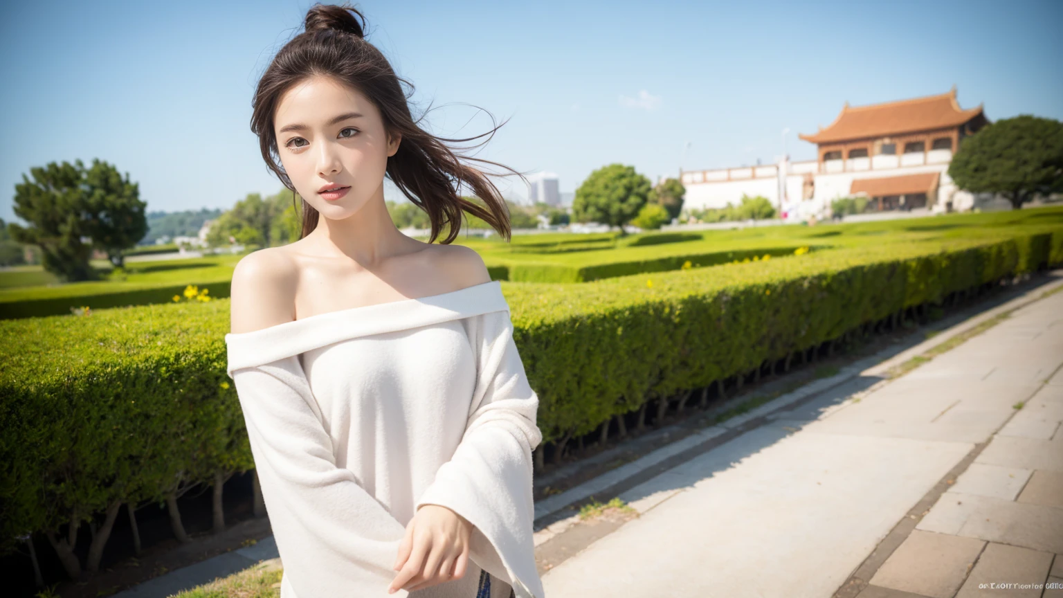 Ultra-high quality,High Detail,high resolution,Full HD,1080P,2K4K18K,1 Girl,Solitary,(From the front),Chinese clothes,Off-shoulder,Fair and shiny skin,outdoor,Simple background,