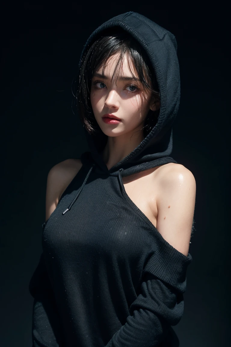 Ultra high resolution,Masterpiece,best quality, Perfect shiny skin, perfect light, lighting details, Stunning shadow, Ray tracing, 1 girl, black sweater, look at viewer, off shoulder, big breasts, The rift revealed, blue eyes, Sharp face, sharp eyes, long bangs, short hair, Village health worker, ((dark background)), Oversized hoodie, wearing a black hoodie, Wearing an ugly black hood, wet (Sweating, soaking wet),