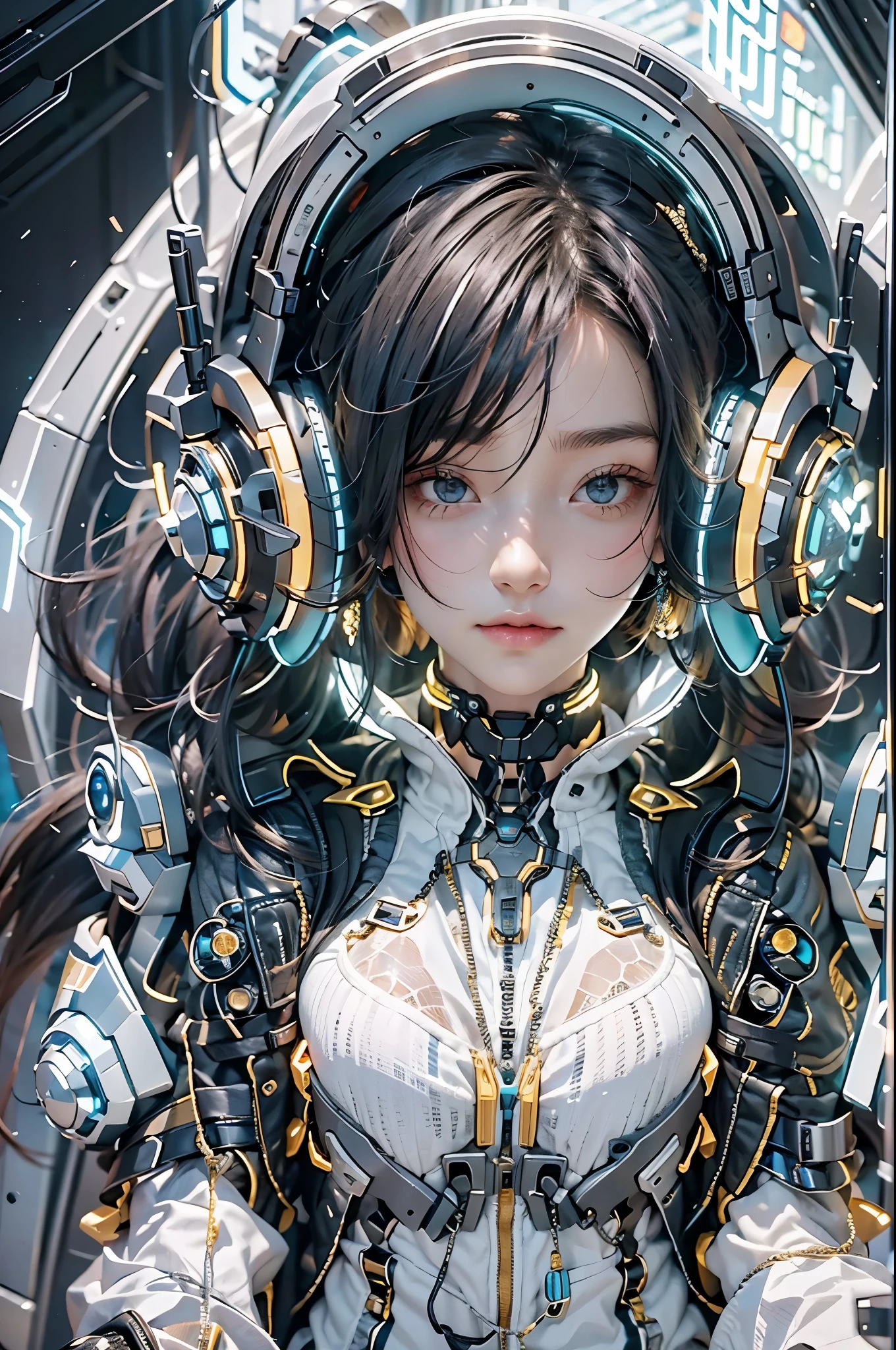 best quality,masterpiece,16k,1girl,Cyberpunk,headset,Mechanical earphones,Luminous earphones,Mechanical necklace,Mechanical earphones with multiple line light sources,Complex structured headphones,Positive close-up,zipper,The electronic display screen structural component on the earpiece of the earphone,indoor,Grey white knitted lining,Black jacket,Mechanical neck guards with complex structures,Array of luminous lines on the front side of the shoulder,necklace,Fragmented mechanical jewelry,Technological background,High brightness contrast,Complex earphones,Complex mechanical jewelry,ht