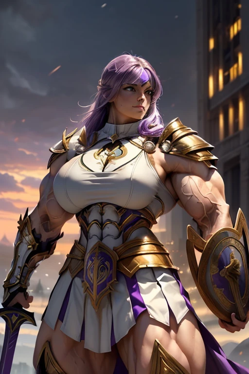 (((Massive, tall, beautiful, buff, muscular pale white skinned female spartan with violet purple hair, ginormous bulky muscles, holding a sword and shield and wearing an all violet gleaming spartan armor and pleated skirt))), (close view), black eyeliner, massive muscles, massive biceps, hyper muscle triceps, (long hair with long bangs), black eyes, spartan boots, In a startan city, steel spartan armor, armor breastplate, nighttime, confident smile, hyper muscles arms, hyper muscle legs, (ginormous arms)