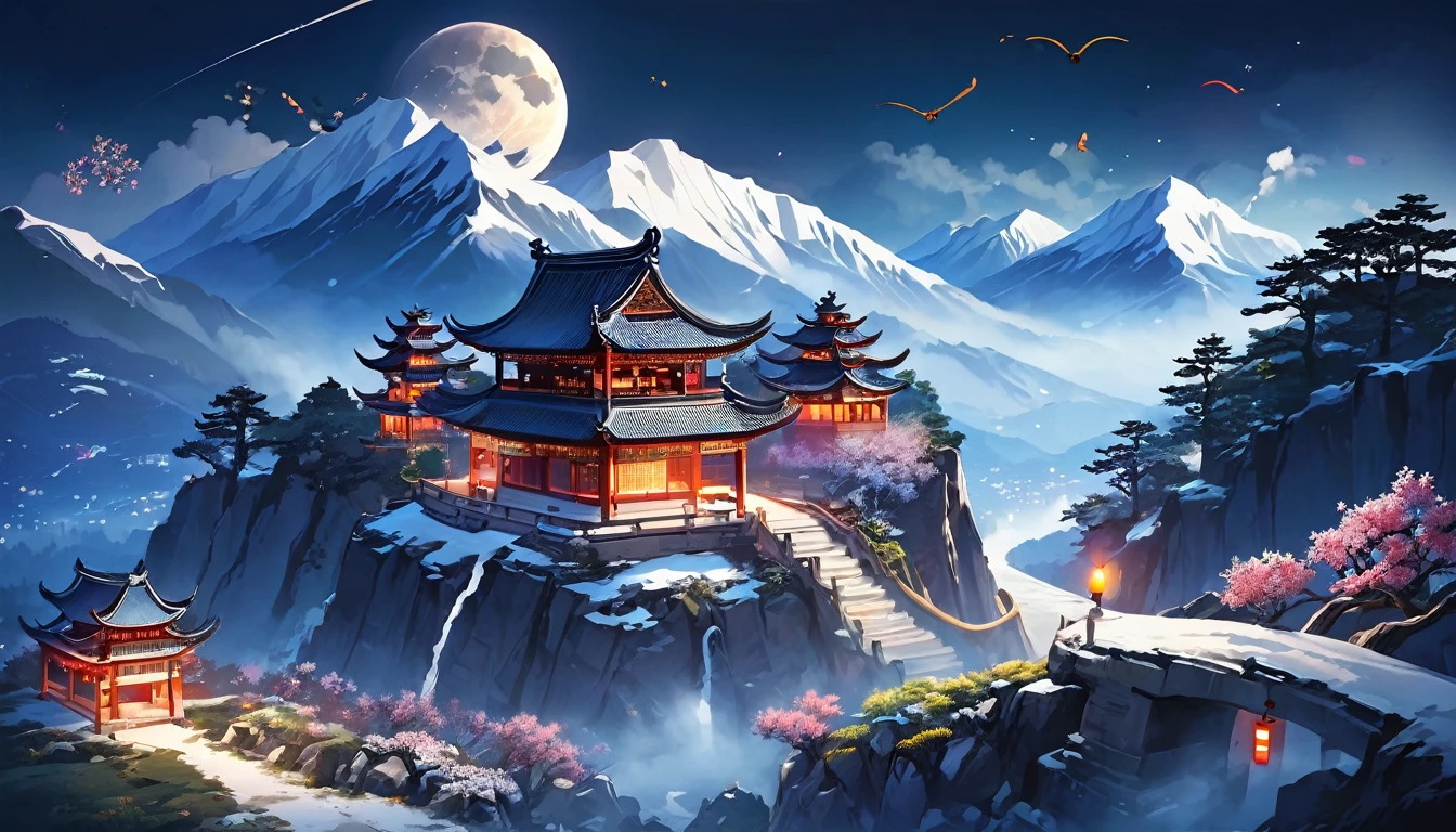 ancient chinese landscape, ((hot spring)), (heavy snow), (fire Fly), (Paper Kite), (Midnight), (moon), Shrine at the top of the mountain, ((flower)), Beautiful views, Realistic lighting, masterpiece, high quality, Beautiful graphics, Attention to detail,
