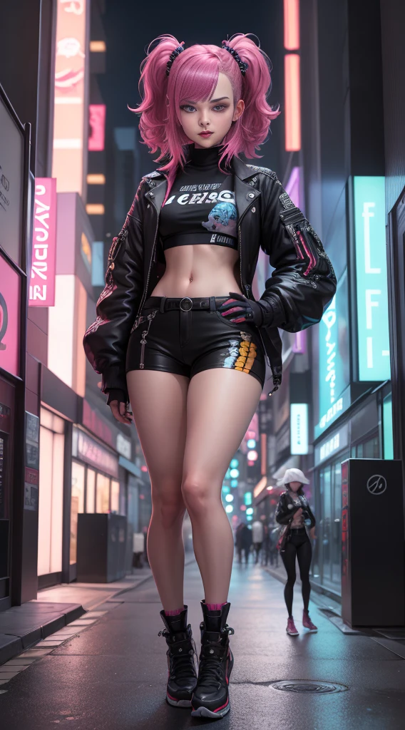 masterpiece, best quality, 1 cyberpunk girl, full body shot, standing in front of motorcycle, looking at viewer, Confident cyberpunk girl with sassy expression, Harajuku-inspired pop outfit, bold colors and patterns, eye-catching accessories, trendy and innovative hairstyle, vibrant makeup, Cyberpunk dazzling cityscape, skyscrapers, neon signs, LED lights, bright and vivid color scheme, anime, illustration, detailed skin texture, detailed cloth texture, beautiful detailed face, intricate details, ultra detailed.