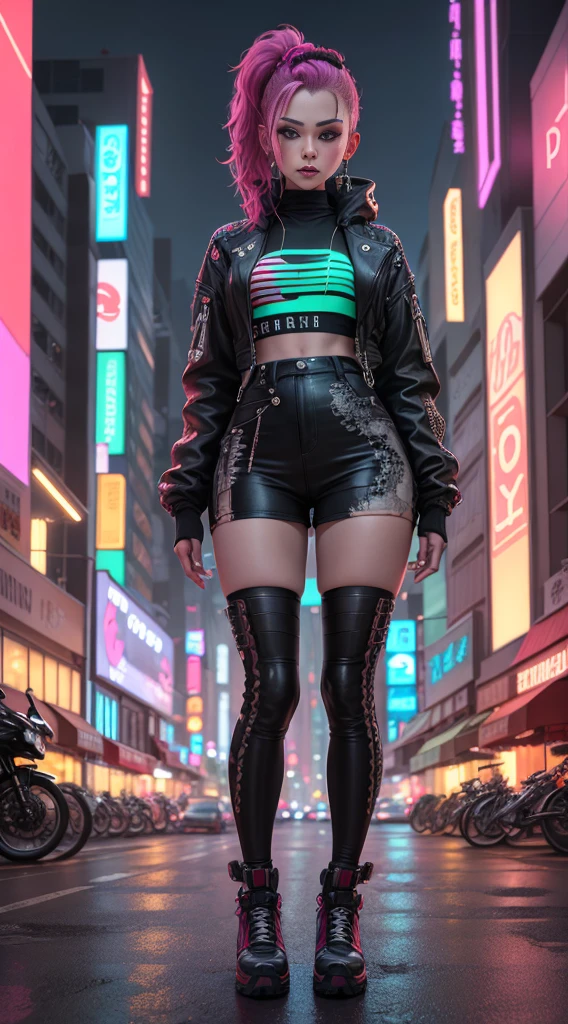 masterpiece, best quality, 1 cyberpunk girl, full body shot, standing in front of motorcycle, looking at viewer, Confident cyberpunk girl with sassy expression, Harajuku-inspired pop outfit, bold colors and patterns, eye-catching accessories, trendy and innovative hairstyle, vibrant makeup, Cyberpunk dazzling cityscape, skyscrapers, neon signs, LED lights, bright and vivid color scheme, anime, illustration, detailed skin texture, detailed cloth texture, beautiful detailed face, intricate details, ultra detailed.