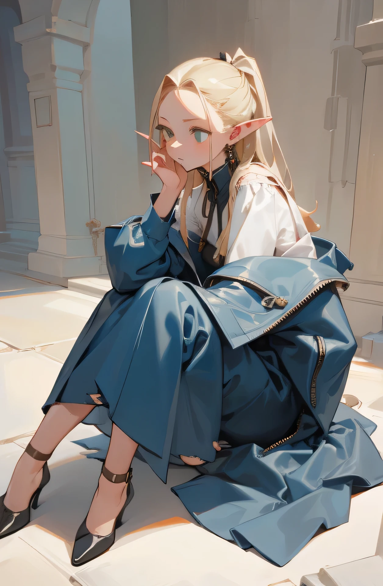 (masterpiece, best quality) detailed,  silver accessories , zipper unzipped , blond ,elegant,  Pointed ears ，Torn clothes，maid，Off-shoulder，whole body,Sitting