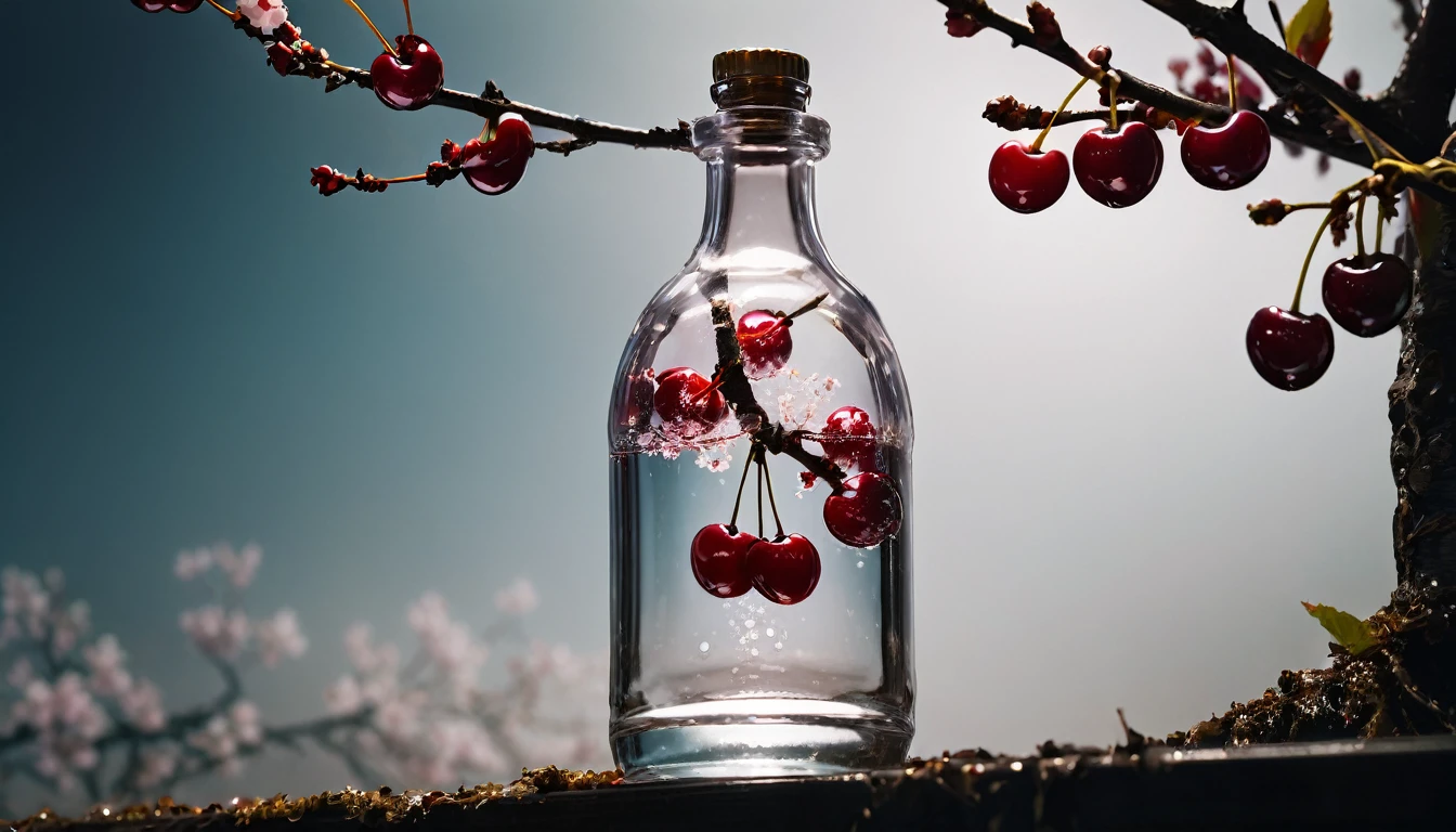 Cherry tree in a bottle, fluffy, Realistic, Refraction of atmospheric light, photograph:Lee Jeffries, Nikon d850 film stock photos 4 kodak portra 400 camera f1.6 Lenses, Rich colors, ultra Realistic Realistic textures, Dramatic lighting, Unreal Engine Trending on Artstation cinestill 800, Style-Glass