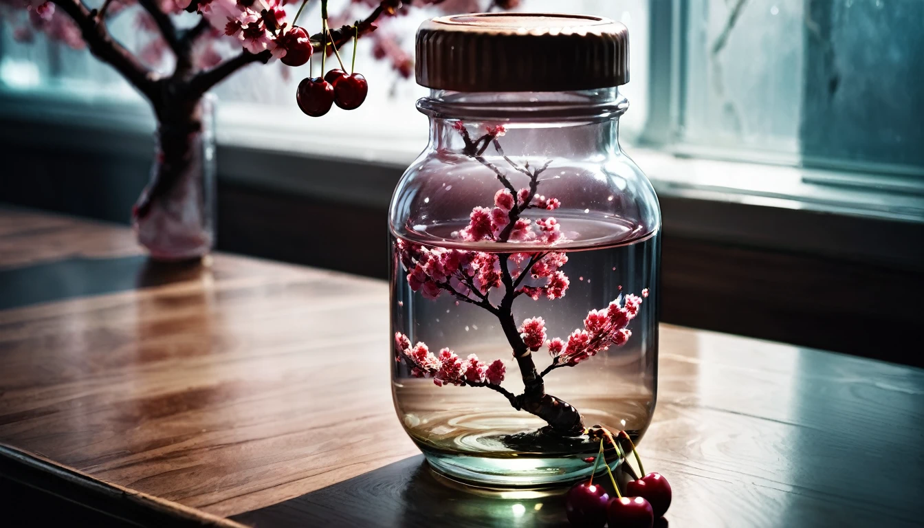 Cherry tree in a bottle, fluffy, Realistic, Refraction of atmospheric light, photograph:Lee Jeffries, Nikon d850 film stock photos 4 kodak portra 400 camera f1.6 Lenses, Rich colors, ultra Realistic Realistic textures, Dramatic lighting, Unreal Engine Trending on Artstation cinestill 800, Style-Glass