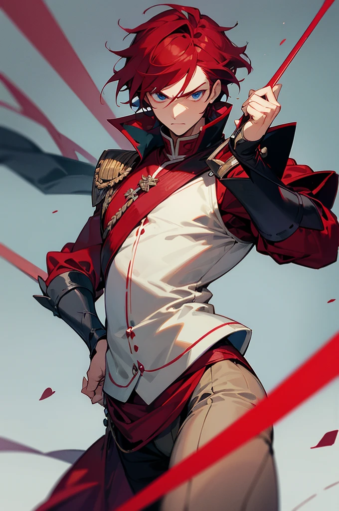 1male , Adult Male ,Maroon Red Hair , Serious Expression ,Red Royal Gaurd Clothing ,Blue Eyes, Rapier on hip , Rapier Hilt