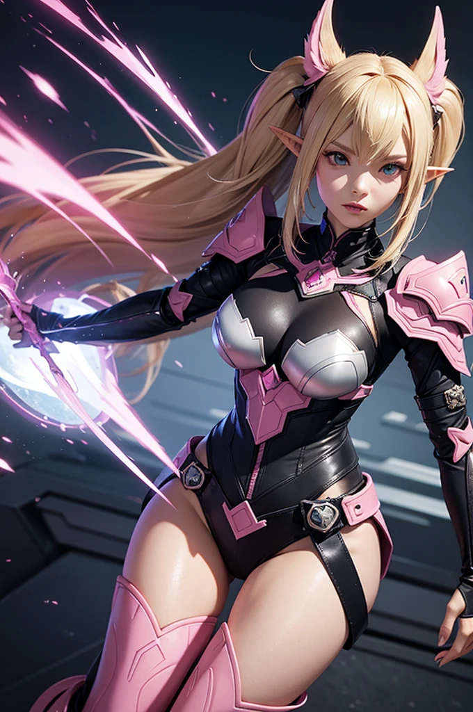 Create a highly detailed 3D rendering of a character named Dark Falz Apprentice from SEGA's PSO2. The character is an elf-like being with pointed ears and short, angular, blonde hair with pink tips. She wears a futuristic, black armored outfit with pink glowing accents. Her outfit includes shoulder armor with sharp edges, a form-fitting bodysuit, and knee-high armored boots with pink hexagonal designs. The character has a serious and composed expression.