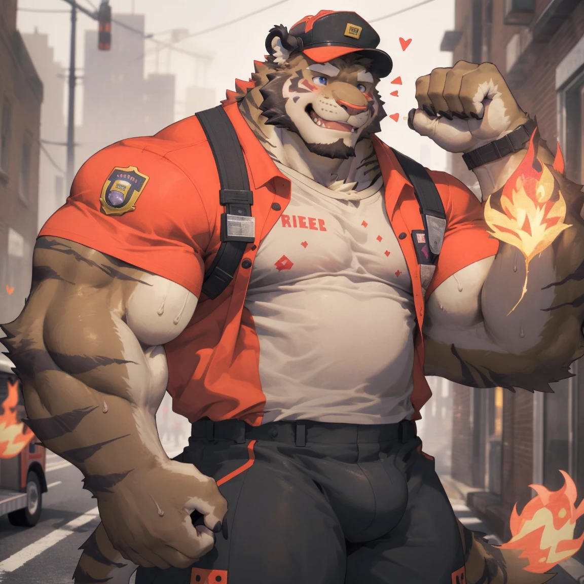 masterpiece, best quality, 8k resolution, Very detailed, hairy,tiger,((red hair)),muscle,Strong,超大muscle,((Sweating)),(((Purple Eyes))),For the audience,(((Firemen))),portrait,(((cap))),(Highest quality scene),(((fire truck))),on the street,(((smiling))),(((Hip bulge))),(((Cunning)),(((Blushing))),((Solitary)),((whole body))