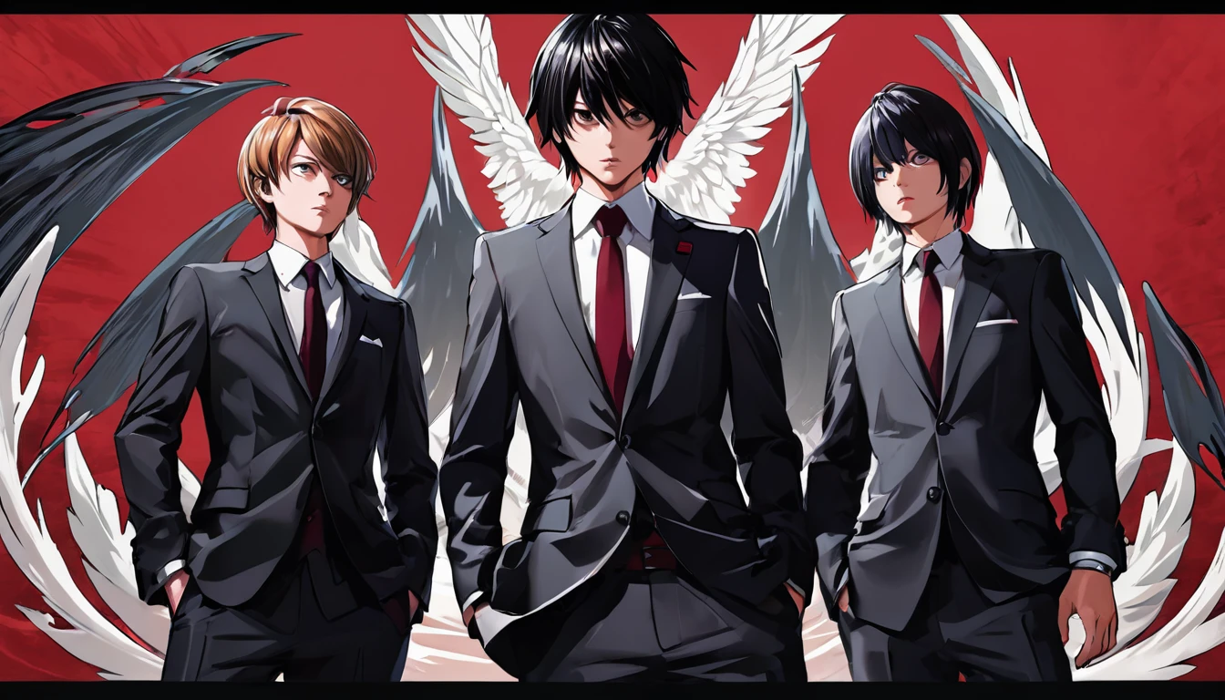 Trio in suits and ties,Dynamic pose,A tense look, Red background,Death Note Style