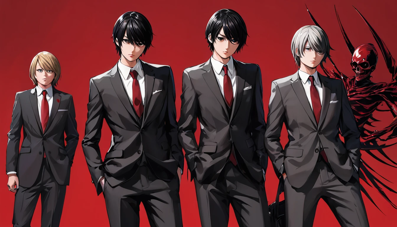 Trio in suits and ties,Dynamic pose,A tense look, Red background,Death Note Style