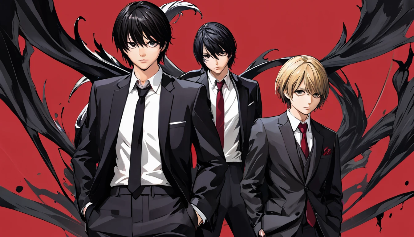 Trio in suits and ties,Dynamic pose,A tense look, Red background,Death Note Style