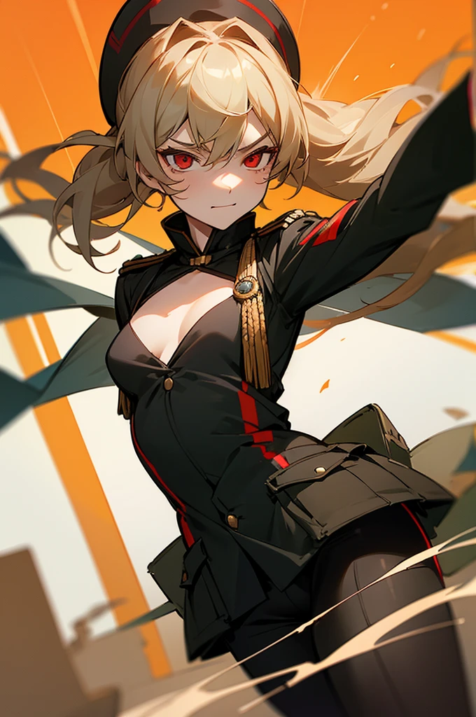 (masterpiece, best quality: 1.1), 1girl solo, tanya, 1girl, solo, , flat chest, small breasts, curvy, military, military uniform, ,, evil smile, wicked expression, anger, red eyes, neutral lighting,arms in pockets