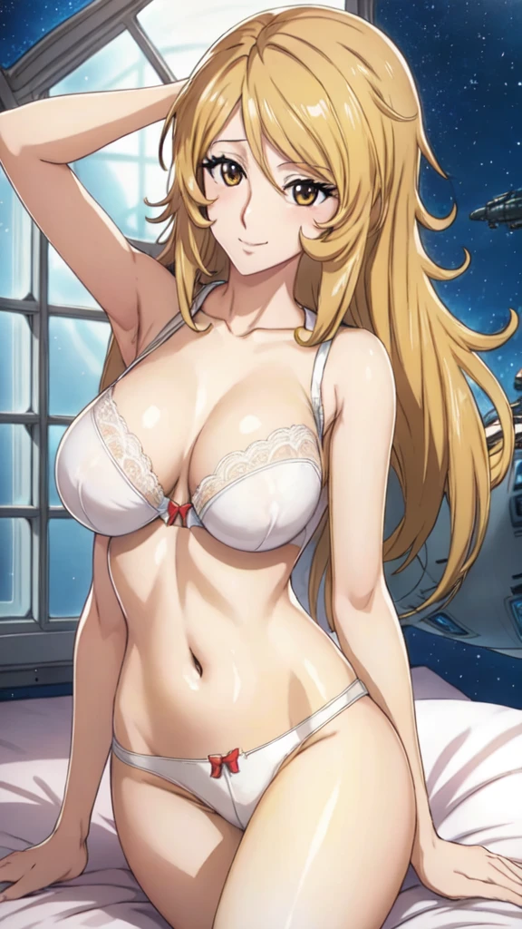 (Cowboy Shot:1.4),(anime:1.3),(masterpiece:1.4),Portraiture,black eye,(Perfect female body:1.4),(curve,model,glamorous:1.4),(NSFW,nude:1.4),(slim:1.4),(White skin:1.4),(White Bra:1.4),(White panties:1.4),
(underwear:1.4),(Shiny, Oily skin:1.3),(arm behind head:1.0),(clavicle,head),(Sitting:1.4),(On the bed:1.4),(Beautiful breasts:1.4),(Big Breasts:1.4),(Yellow Hair:1.3),(vivid color:1.4),(Shoulder length:1.4),black eye,(24-years-old),8K resolution, High quality CG, Beautiful CG,(slim:1.4),Bright light,(smile:1.3),Ultra-high resolution,Highly detailed CG Unity 8k wallpaper,(美的animeの目:1.3),(Spaceship room,window:1.4),(Bedroom:1.4),(White lace underwear:1.4),(NSFW,nude:1.4)