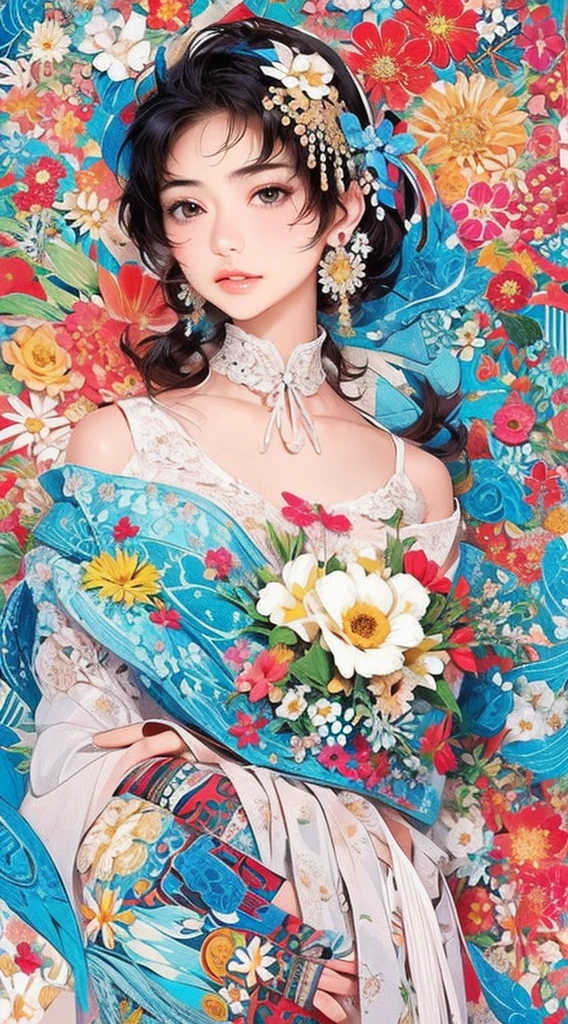 cute、Perfect ???????、Picturesque、sketch、texture、solo、Very detailed、(Fractal Art:1.1)、(Gentle colors:1.1)、(Floral:1.6)、Most detailed、(Zentangle:1.2)、(Dynamic pose)、(Abstract background:1.3)、(Glowing Skin)、(Many colors:0.8)、、(Earrings:1.4)、(feather:0.9)、Taisho romance,(masterpiece、highest quality、highest quality、Official Art、Beautiful and aesthetic:1.2)、