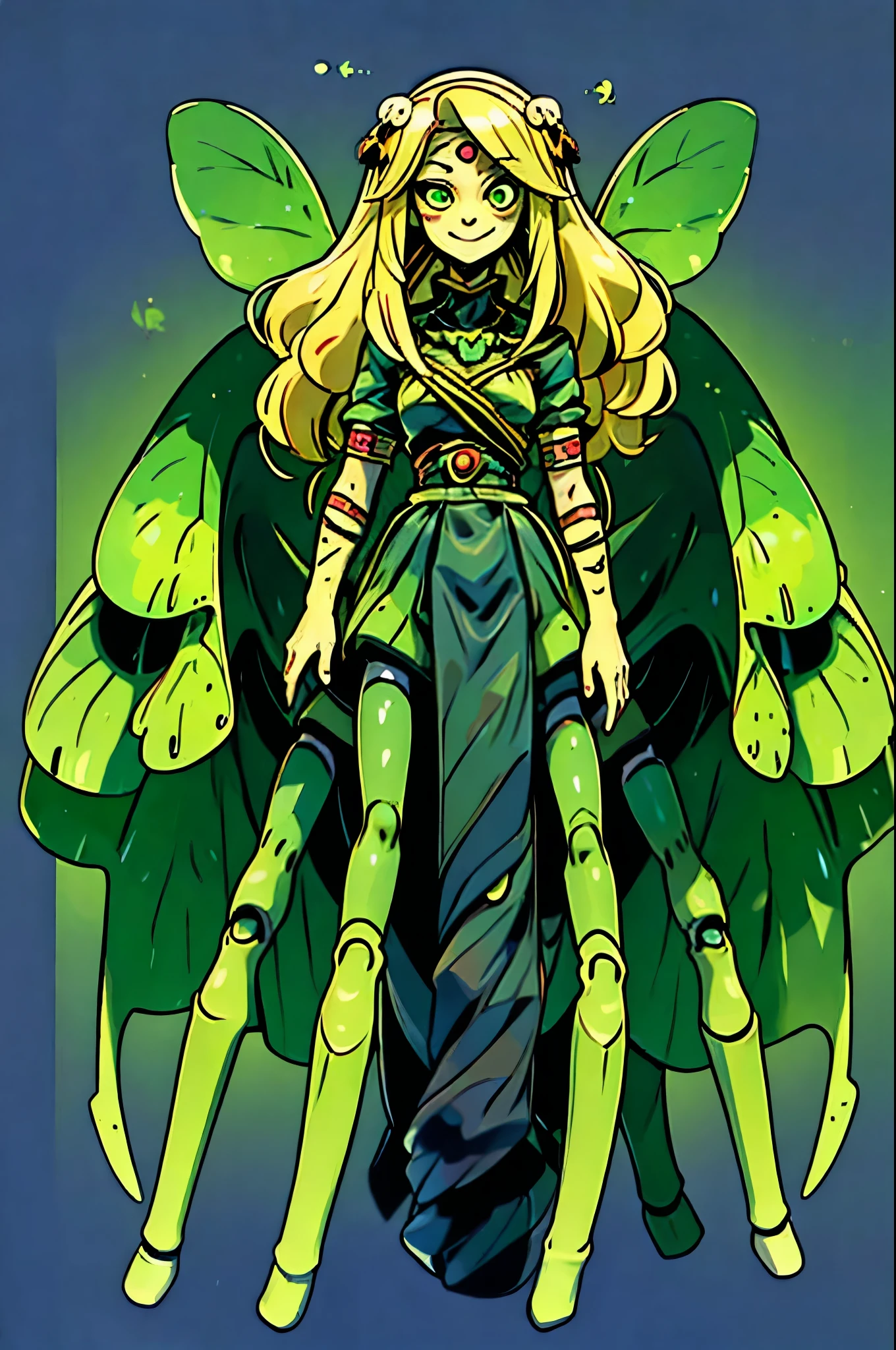 ((Masterpiece)), (((Top quality))), ((Ultra definition)), ((High quality face and limbs)), ((Arachne)), 1girl, sweet, kind, alone, young, soft, pure, semi human, monster musume, spider girl, spider legs, big long legs and long arms, scary, bright blonde hair, very yellow hair, green skin, green clothes, dress of spiderwebs, green innocent eyes, flat chest, smiling with delight, arachnid style, main character, boss style, hades style, hadesstyle, hades2style, hades 2 style, Arachnea, silk weaver, Tartarus background, dragonfly wings, moth antenas on head
