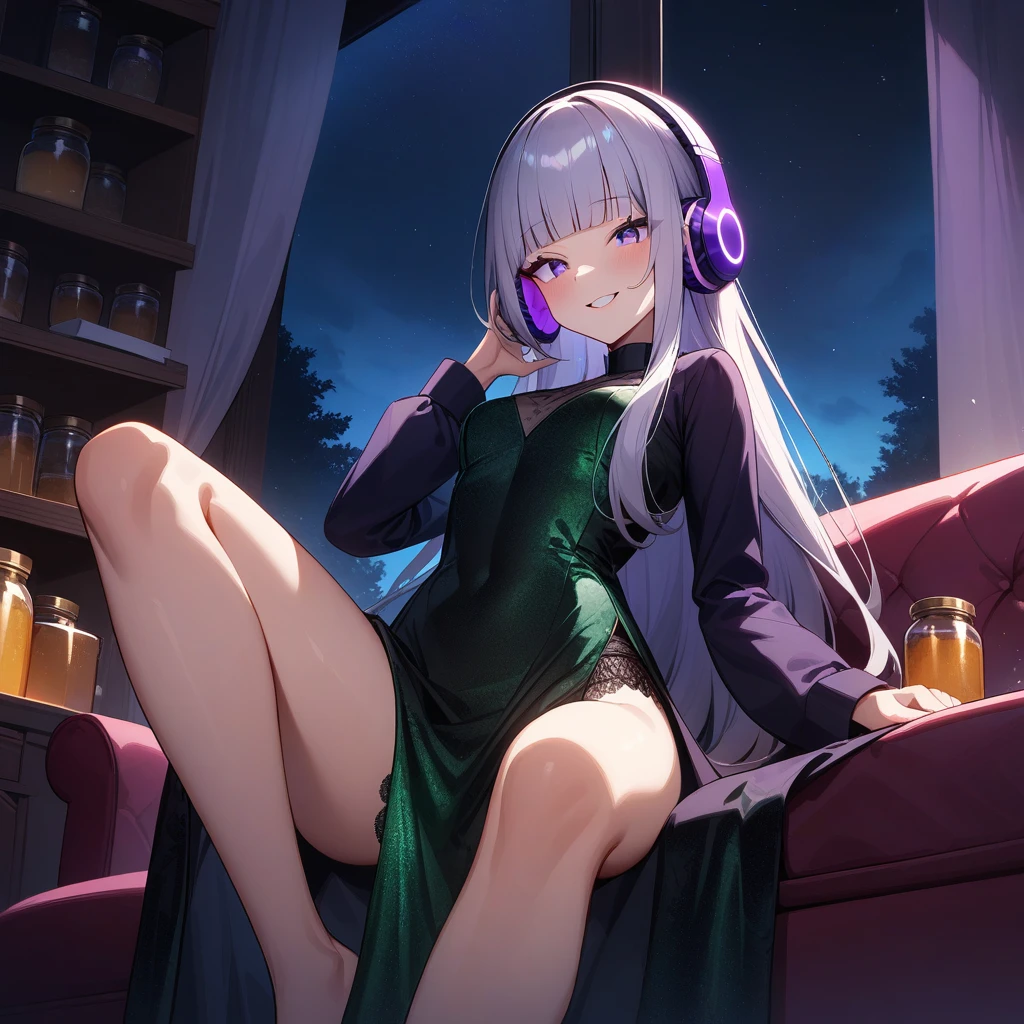 (masterpiece),(best quality),very aesthetic,(ultra-detailed),(illustration),(degenerate),very aesthetic,nsfw,1girl,,slender,long hair,silver hair,straight hair,(blunt bangs),dark blue alluring eyes,comfortable,(Purple shining headphones,listening to music with headphones),smirk,singing,An elegant and sophisticated outfit perfect for a party, featuring a Patterns that look as if they were sprinkled with multicolored ink velvet dress with green lace accents,long sleeves,bare legs,Honey Dipper,Jar of honey,looking at jar of honey,ecstasy,happy,inroom,couch,reclining,on couch,spread legs,night sky,Lascivious atmosphere,fantastic atmosphere,moonlight,Moonlight through the window,forest landscape,backlighting,(darkness room),Lace curtains flutter in the wind,Toxic green colored lace panties,Old furnishings,dusty room,cowboy shot,from below