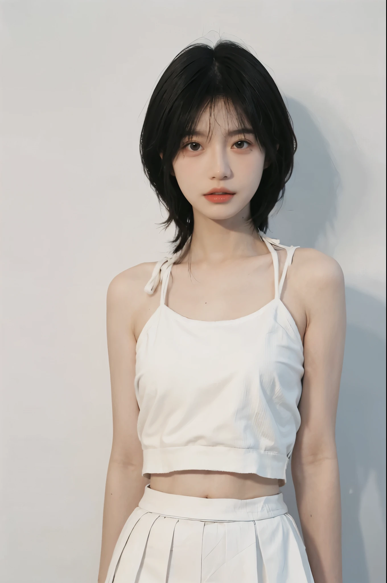 Beautiful woman with perfect figure:1.4，Ultra-high resolution，White background，（lifelike：1.4），Layered Hairstyle，White skin，Bikini:1.5，Super short pleated skirt，whole body，Very delicate face and skin texture，Double eyelids，Skin Whitening，short hair，White hair