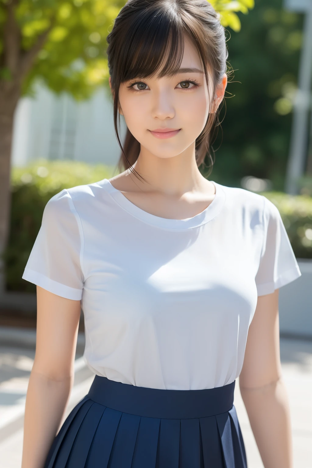 (Best quality: 1.5), (Realistic: 1.5), (One girl: 1.5), (Upper body: 1.5), Highly detailed, High resolution, 8k wallpaper, Small breasts, Natural colored lips, Cute smile, Japanese woman, 18 year old girl, Beautiful and graceful features, Perfect and beautiful face, Big eyes, Brunette eyes, Beautiful and graceful features, Natural double eyelids, Natural bangs, Beautiful thin nose, Beautiful skin, Medium bob hair, Short ponytail hair, Natural bangs, Slim face and figure, (Looking at the camera with a relaxed expression), Japanese high school girl, Beautiful collarbone, Looking forward, Sexy pose, Fair skin, Slim, Glowing skin, Beautiful skin, (Sexy school uniform), School, Pleated micro mini skirt, Sexy bra visible through semi-transparent school shirt,