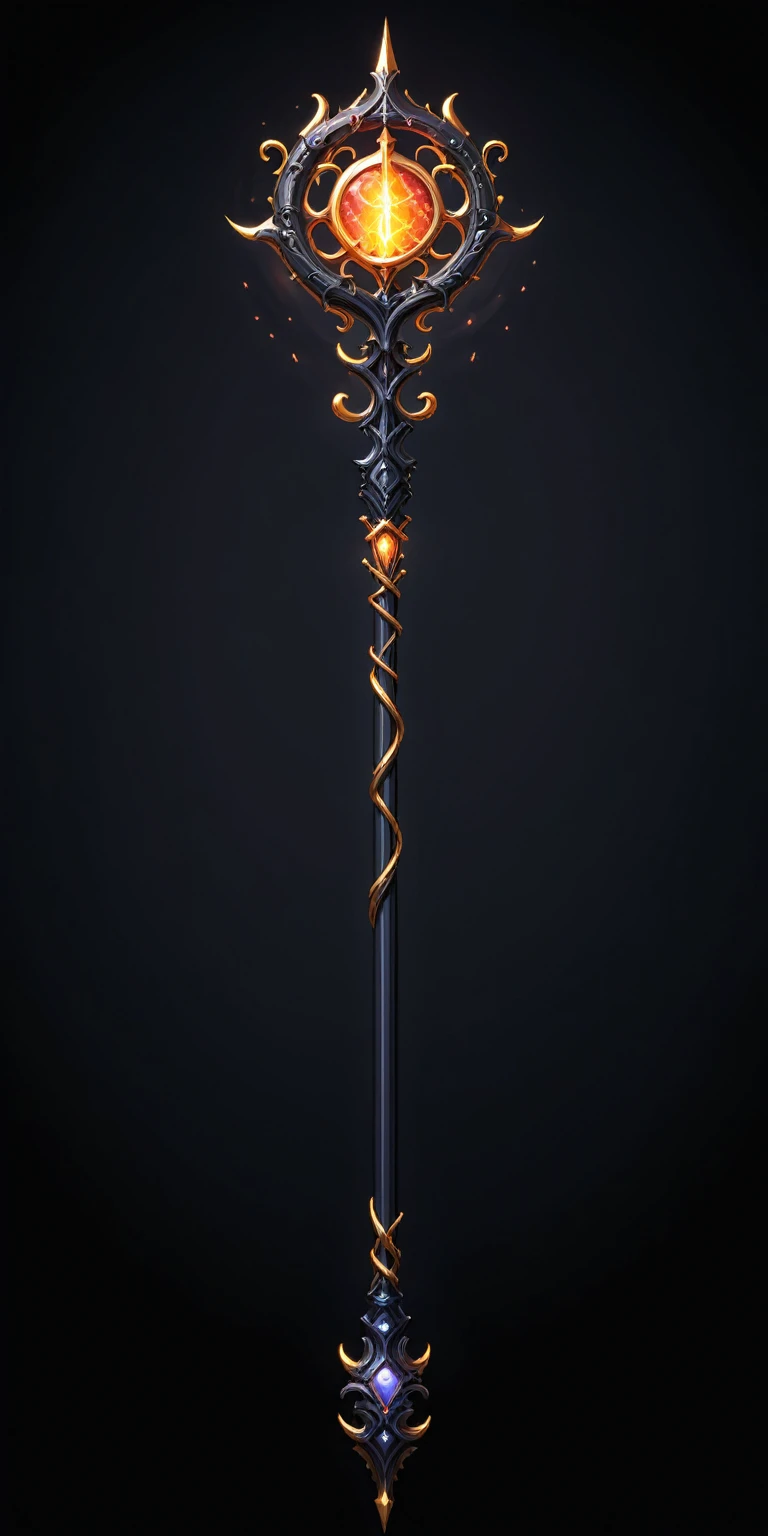 pixel art, cartoon illustration, Divine glavie greatstaff, Powerfull Magical theme, simple black background, RPG game icon
