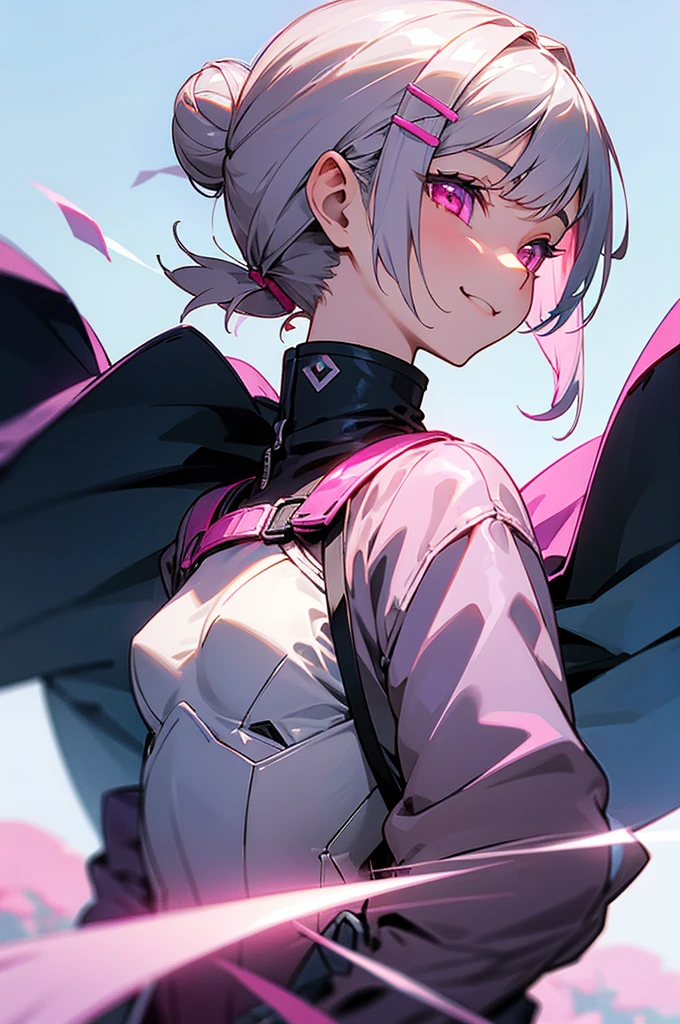 1 girl、riders jacket、small breasts、Silver short bob hair clip tied into a bun、shining pink eyes、From the side、gloves、evil smile、A meadow full of flowers、blown by the wind、blue sky、upper body close-up、sharp outline

