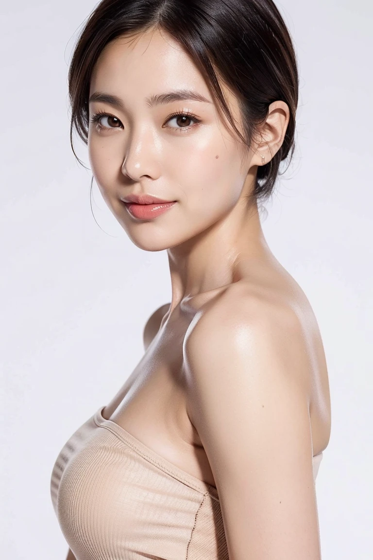 highest quality, Tabletop, 8k, High resolution, Best image quality, One beautiful woman, (Formal straight short hair), Strapless camisole:1.3, panties:1.3、 Look at me and smile, Enlarged photo of the face, (A woman perfectly positioned in the center of the screen), (Stand straight at me), Elegant makeup, Ultra-high definition beauty face, Ultra HD Hair, 超High resolutionの艶やかな唇, Accurate anatomy, Very beautiful skin, Pure white simple background