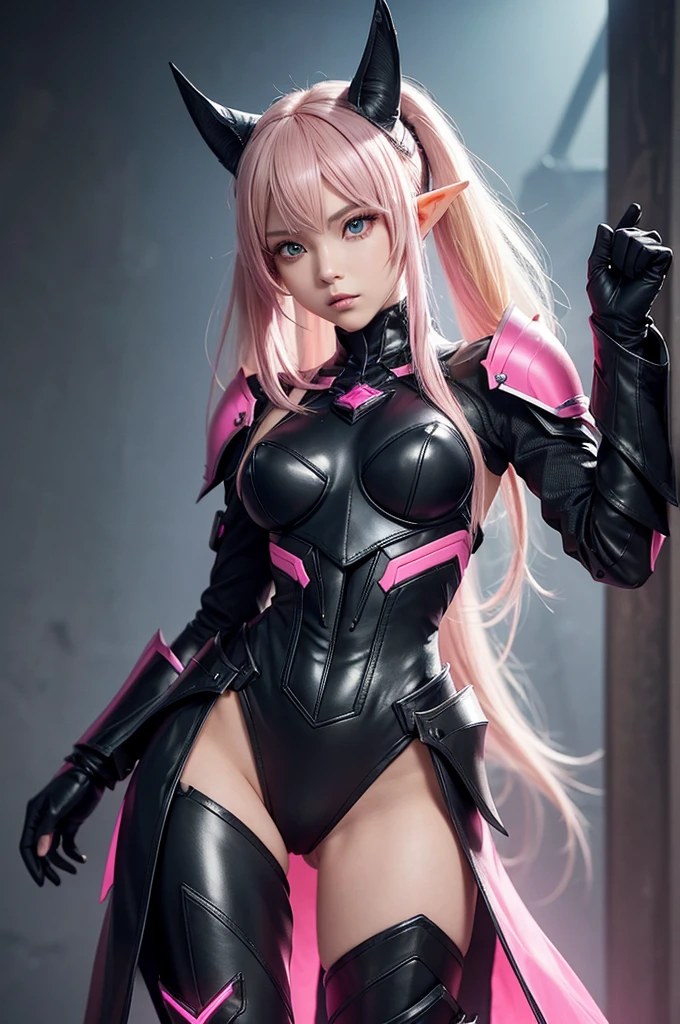 Create a highly detailed 3D rendering of a character named Dark Falz Apprentice from SEGA's PSO2. The character is an elf-like being with pointed ears and short, angular, blonde hair with pink tips. She wears a futuristic, black armored outfit with pink glowing accents. Her outfit includes shoulder armor with sharp edges, a form-fitting bodysuit, and knee-high armored boots with pink hexagonal designs. The character has a serious and composed expression.