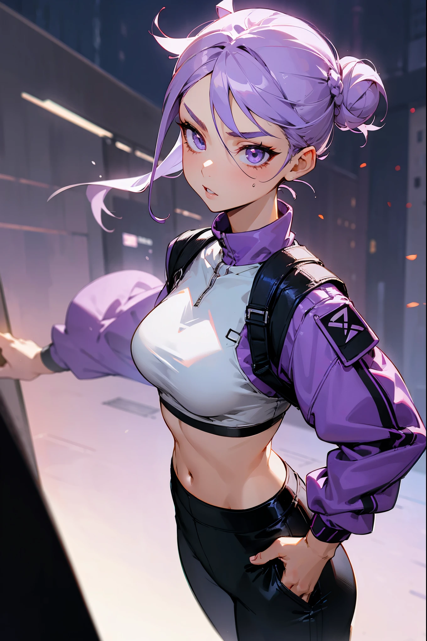1female, restless, commanding, light purple hair, hair tied in a bun, crop top jacket, crop top undershirt, black pants, city background, detailed background, hands to side, standing on path