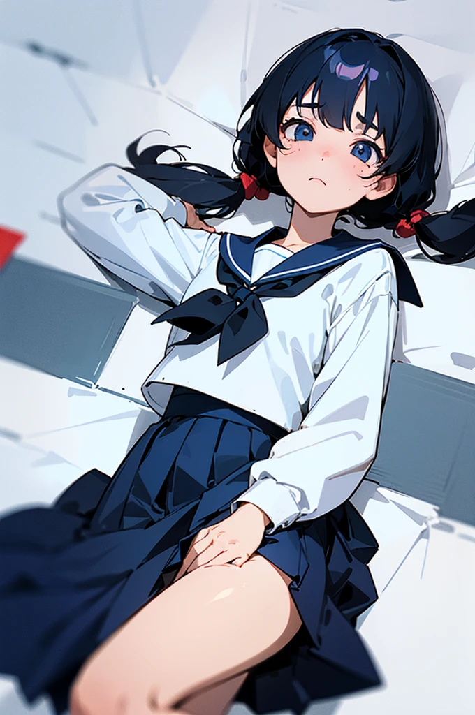 Great illustrations、Detailed illustrations、One Girl、Lying on your back、Raise your arms、Place your arms on the floor、Low pigtails with legs apart、Low Twintails、
Frightened face、pubic hair、Pussy、Pubic hair、Flip-up skirt、No panties, looking at the camera、Navy blue sailor suit、Black Hair、
First-person view、The cameraman grabs her leg、Arm from front