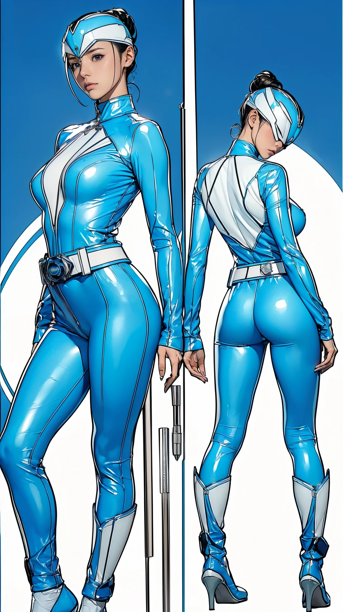 ((masterpiece)),(((highest quality))),((Reference Sheet, Character Design, front, return, ~ ~ side, Mr..々Hairstyle, Mr..々Performance, Facial Expressions)), 14-year-old girl, Cute type, (Very slim:1.4), (Very small ass:1.4), Realistic buttocks, Big Breasts, Short Bob, Thin thighs, Long legs, ((Light Blue Enamel Power Rangers、Big Breasts、Cover all breasts at all times、Wearing a light blue leather full body suit、Large emblem on the chest、Always wear a belt with a large buckle, White suit、Truly a Sentai hero)), ((Browsing Caution:1.0))