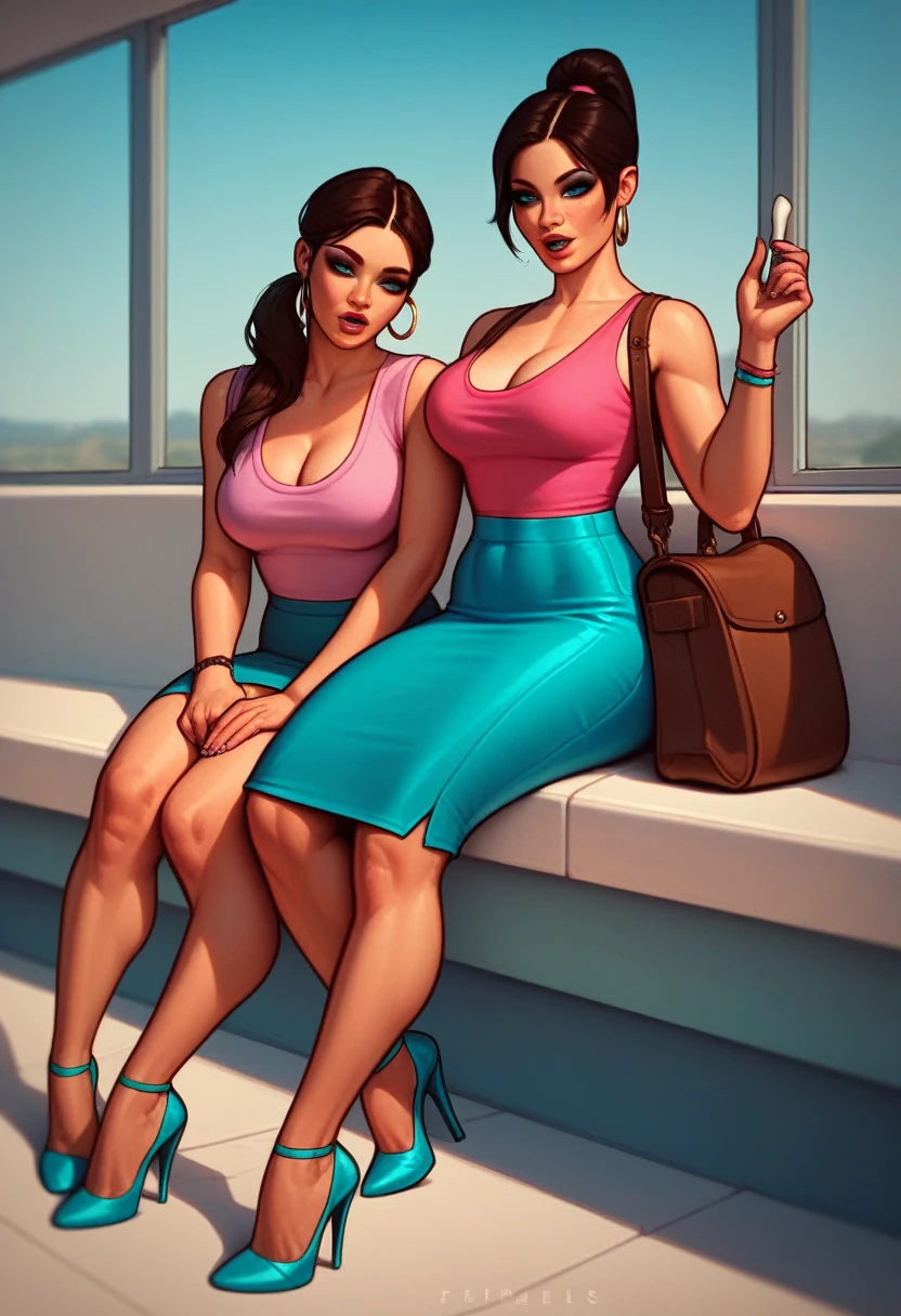 1. Beautiful Women, Big body, Asian Girl, ponytail, Contoured eyelids, Makeup eyelids, Sleeveless shirt, Pink Shirt, Cleavage, skirt, turquoise skirt, High heels, Cream colored shoes, Brown bag, Sit on the bus and sleep, Open your mouth, close your eyes、Love Jure