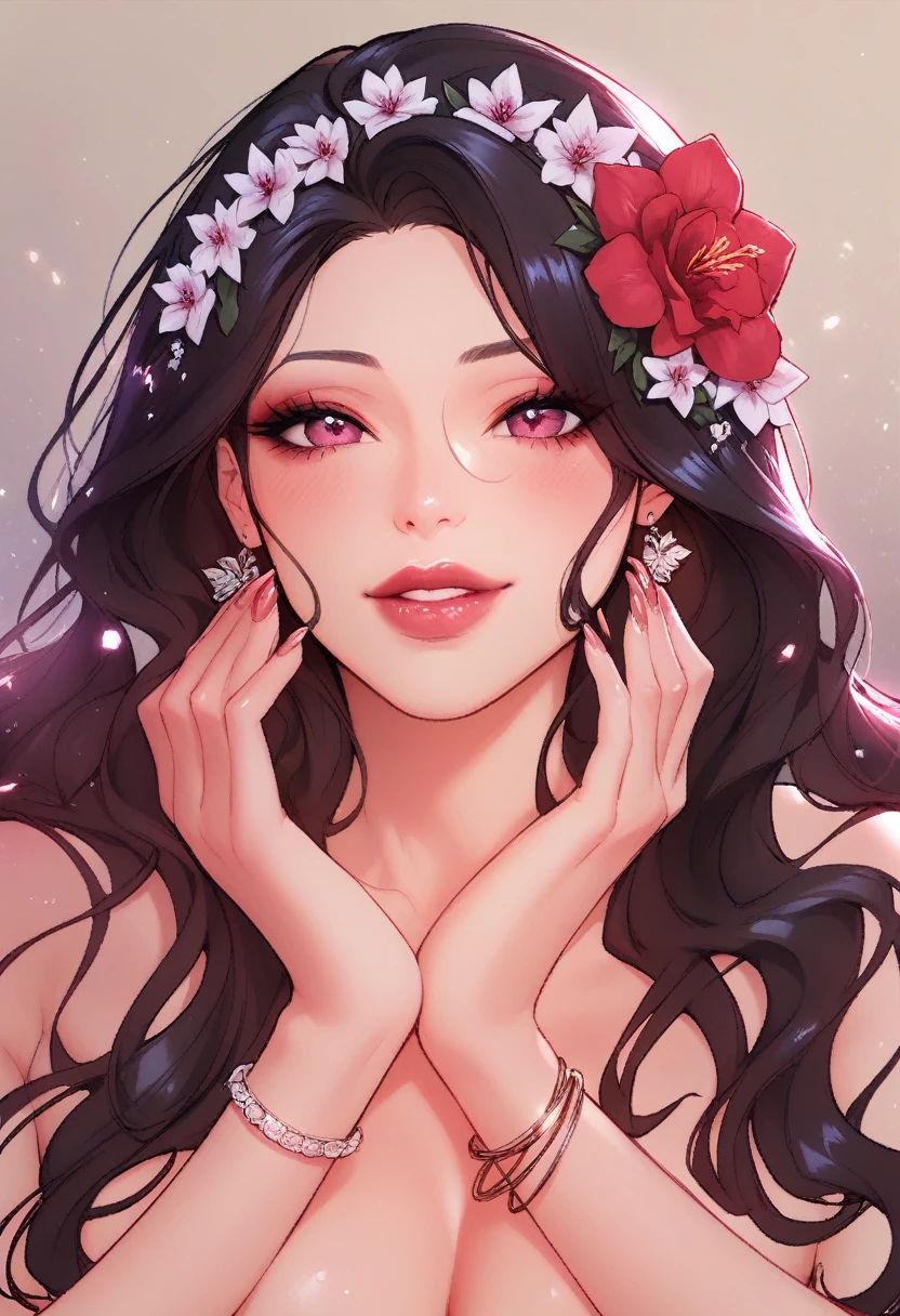 Hot beautiful y hot woman in floral dress,floral garment ,flower earrings,floral bracelet and floral headbands,makeup , glossy lipstick ,sharp jawline ,long blunt black hair , Magenta eyes, warmly smiling,bigloral necklaces, foundation , eyeliner , perfect detailed face, cinematic, breathtaking , stunning face, perfect nose