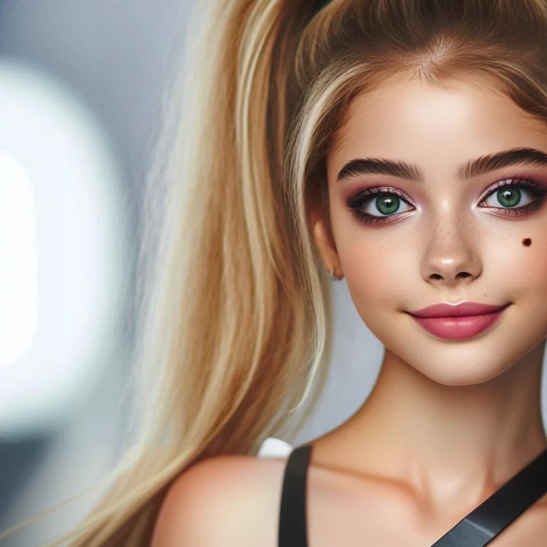 mulher loira com rabo de cavalo e pincel de maquiagem na frente de um microfone, pintura realista de linda garota, adolescente hiperrealista, lindo rosto realista, lindo rosto realista, realistic digital illustration, photolindo rosto realista, pintura digital realista, hyperlindo rosto realista, arte digital realista, estilo de arte realista, estilo de arte realista, desenho digital realista, rosto lindo e realista, cabelo loiro e olhos grandes