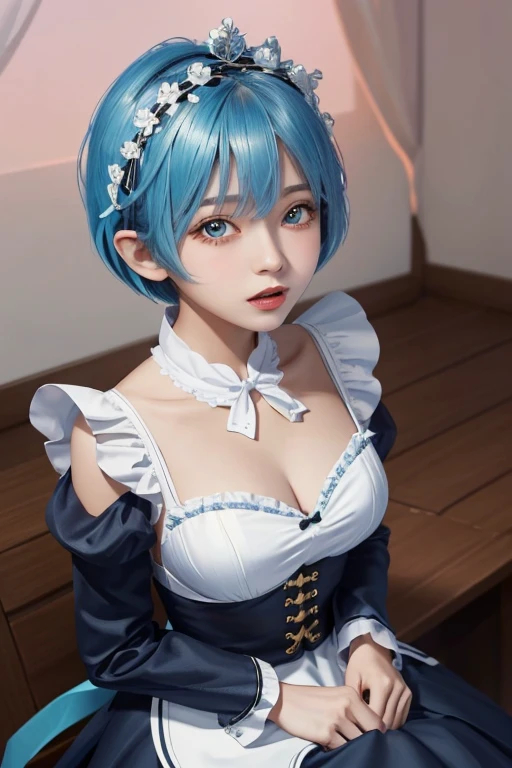 (masterpiece, best quality:1.4), (full body), (close up:1.2), on a beautifull and rich mansion, 1girl, solo, rem_re_zero, blue hair, (blue hair:1), short hair, maid uniform, (black maid uniform), hair ornament, cleavage, maid headdress, detached sleeves, ribbon, medium breasts, beautifull smile, beautiful face, highly detailed face, highly detailed eyes, highly detailed skin, skin pores, subsurface scattering, realistic pupils, full face blush, full lips, depth of field, volumetric lighting, sharp focus, absurdres, realistic proportions, good anatomy, (realistic, hyperrealistic:1.4), 16k hdr