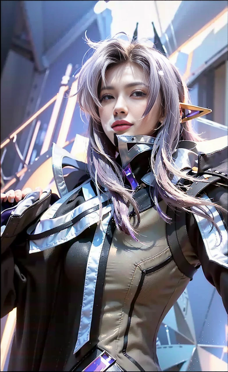 best quality,masterpiece,extremely detailed,high res,4k,ultra high res,short hair,detailed shadow,ultra realistic,realistic,dramatic lighting,1girl,solo,detailed face,realistic eyes,realistic skin,white dress,purple hair,dynamic pose, white lace dress,smile