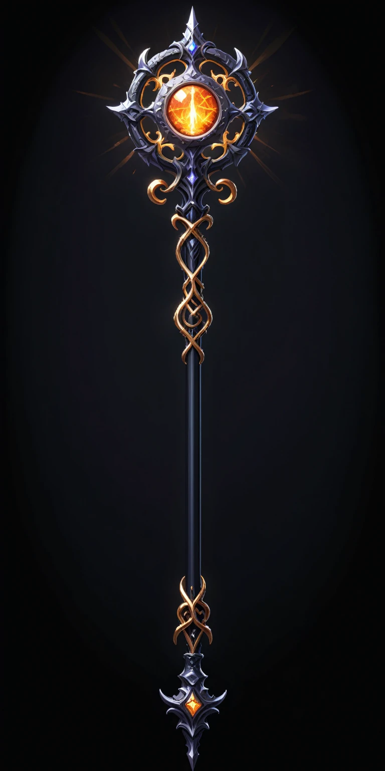 pixel art, cartoon illustration, Divine glavie greatstaff, Powerfull Magical theme, simple black background, RPG game icon