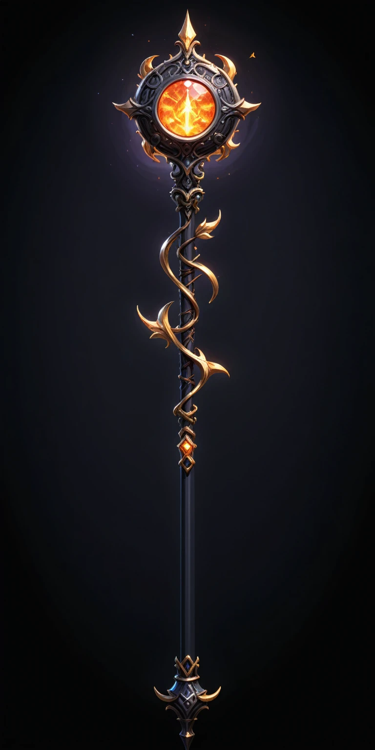 pixel art, cartoon illustration, Divine glavie greatstaff, Powerfull Magical theme, simple black background, RPG game icon 