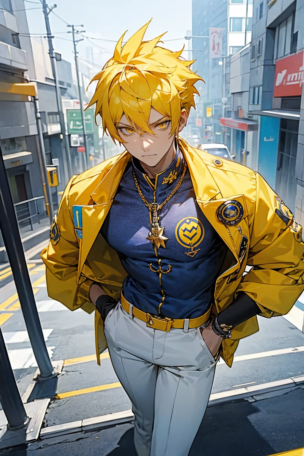 1male, deep blue hair, yellow eyes, yellow hair ornaments, serious expression, white undershirt, blue and yellow jacket, white pants, city background, detailed background, hands to side, standing on path