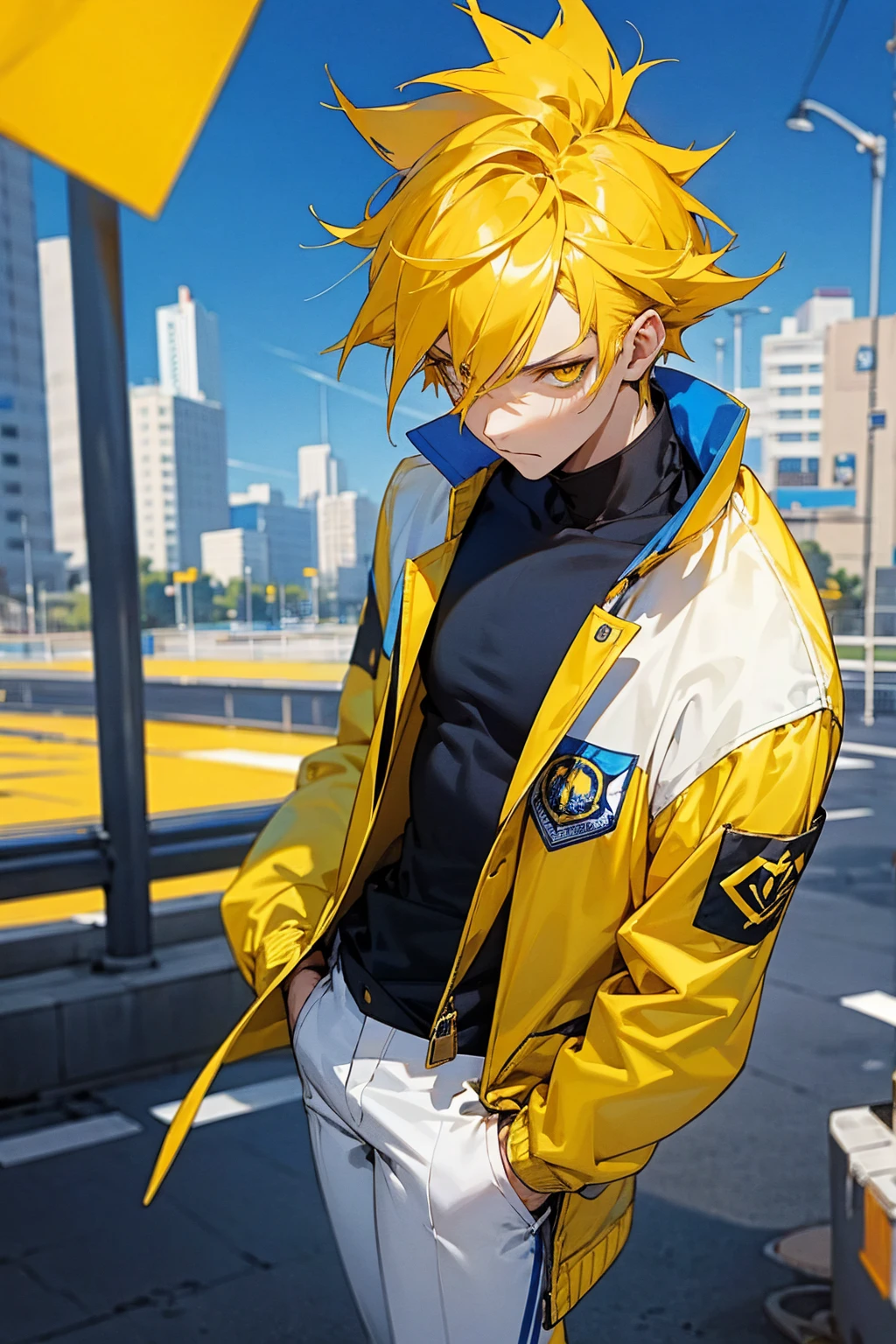 1male, deep blue hair, yellow eyes, yellow hair ornaments, serious expression, white undershirt, blue and yellow jacket, white pants, city background, detailed background, hands to side, standing on path
