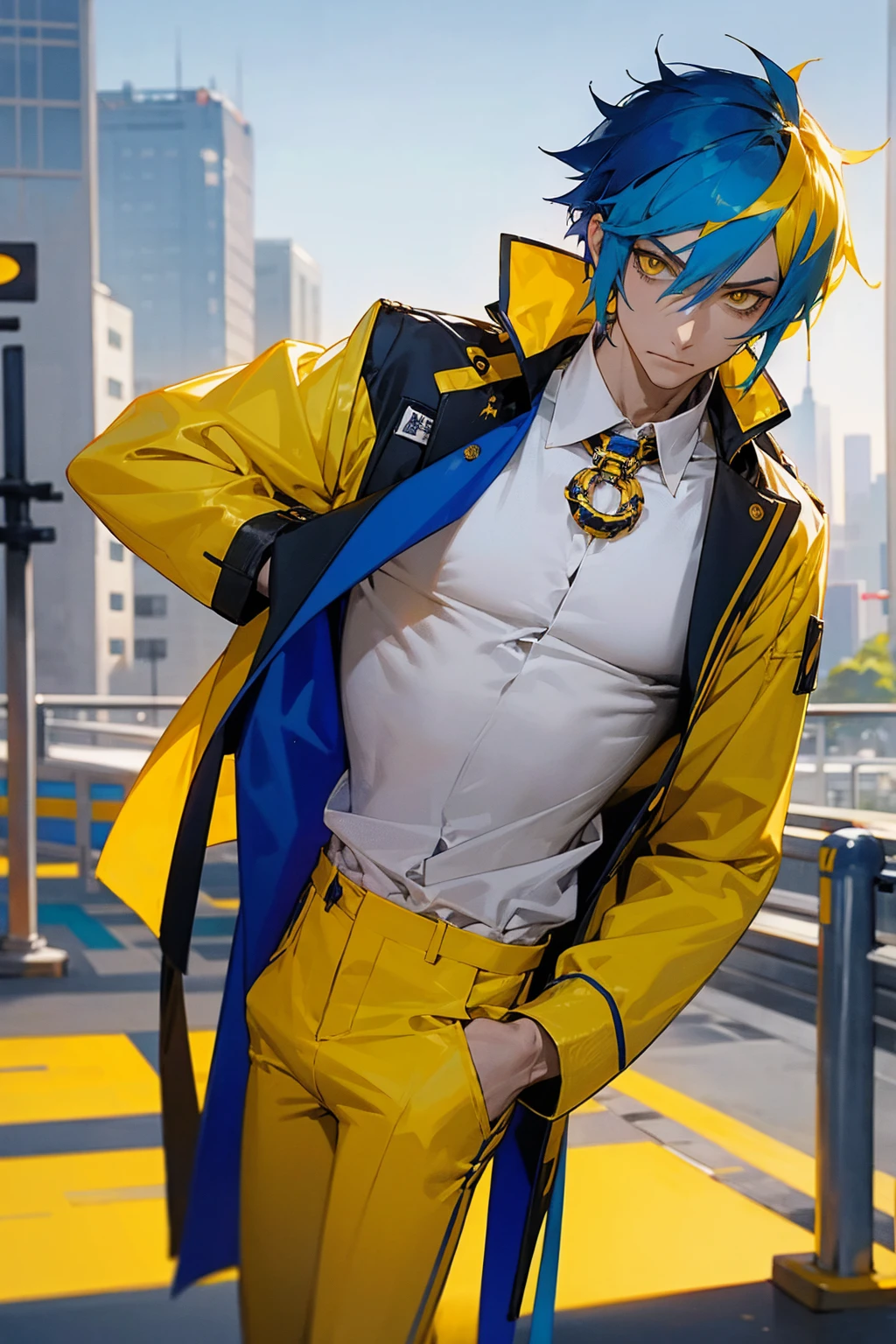 1male, deep blue hair, yellow eyes, yellow hair ornaments, serious expression, white undershirt, blue and yellow jacket, white pants, city background, detailed background, hands to side, standing on path