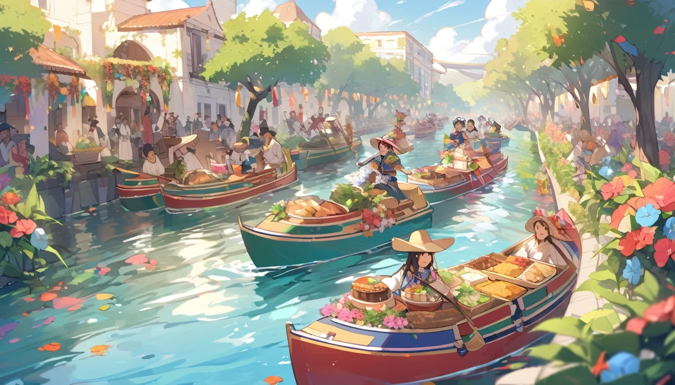 A festive scene depicting the vibrant canals of Xochimilco. Colorful trajineras (flat-bottomed boats) adorned with flowers and bright decorations glide along the calm water. People dressed in their finest clothes laugh, chat, and enjoy traditional Mexican food on board. Lush greenery lines the canals, with pink bougainvillea flowers adding pops of color. The warm afternoon sun casts a golden glow on the entire scene.