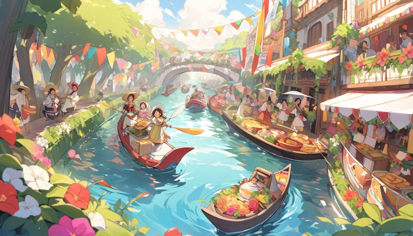 A festive scene depicting the vibrant canals of Xochimilco. Colorful trajineras (flat-bottomed boats) adorned with flowers and bright decorations glide along the calm water. People dressed in their finest clothes laugh, chat, and enjoy traditional Mexican food on board. Lush greenery lines the canals, with pink bougainvillea flowers adding pops of color. The warm afternoon sun casts a golden glow on the entire scene.