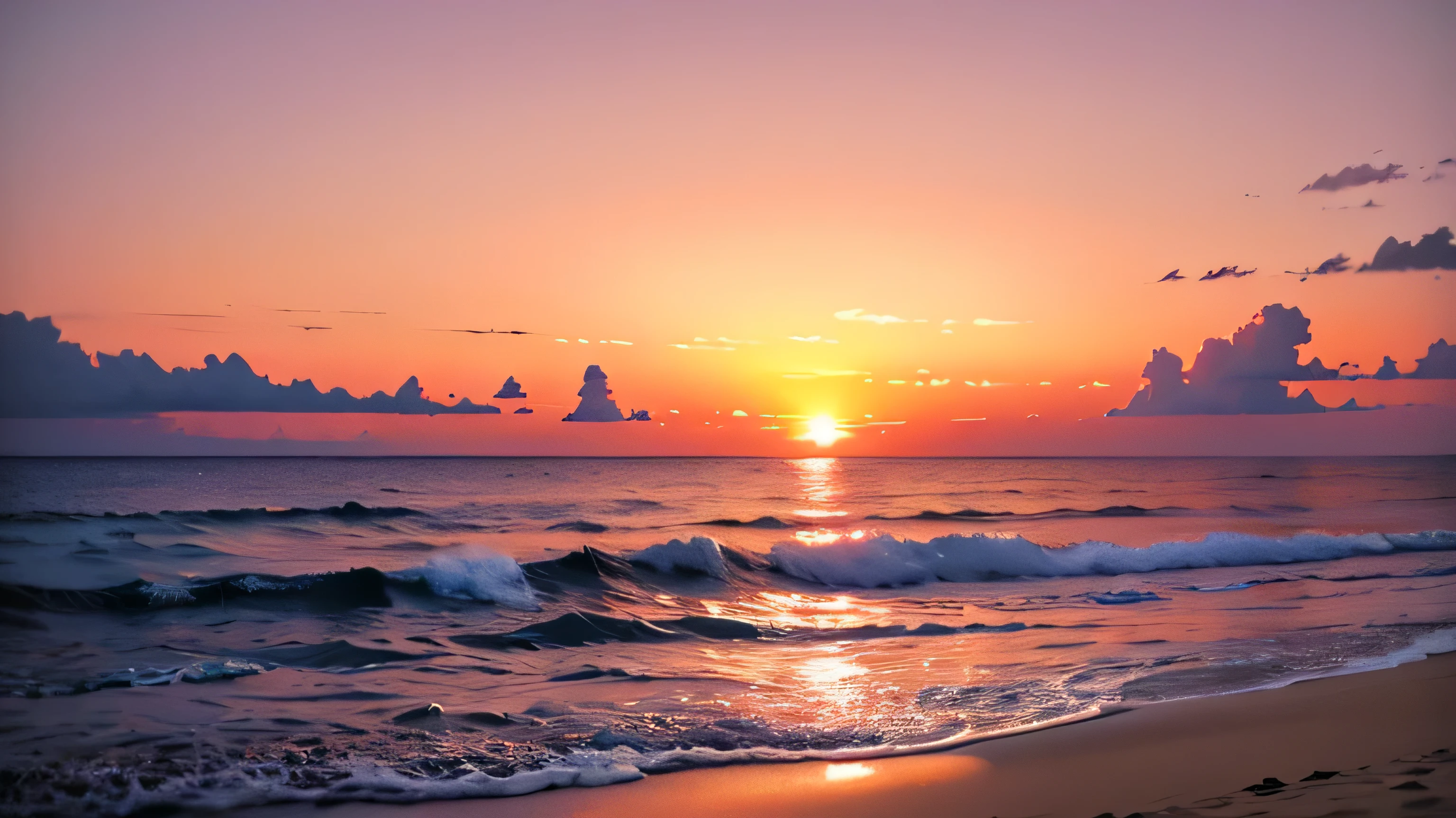 Enchanting sunset over the beach, Orange Blend, pink, The sky turns yellow. Touching the shore gently、Crystal clear sea water, Endless white sand beaches. This scene is dynamic and breathtakingly beautiful., Seagulls soaring high into the sky、Palm trees sway gently. Immerse yourself in a calm atmosphere、Feel at ease.