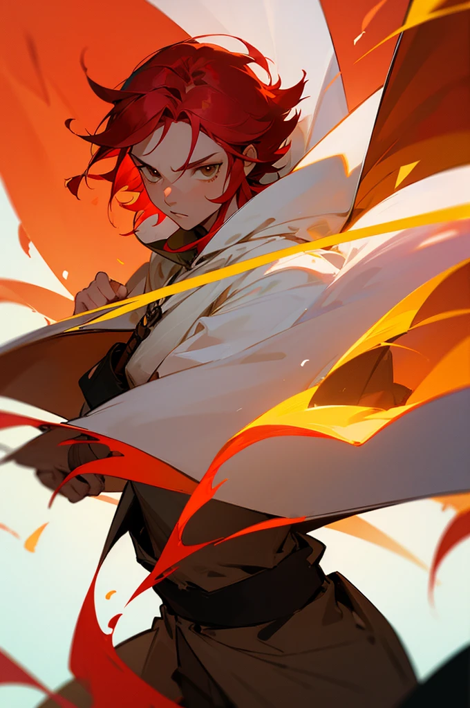 avatar, red hair, young male, grass with fire background, white cape, white hood, hazel eyes, white shirt, medium length hair,