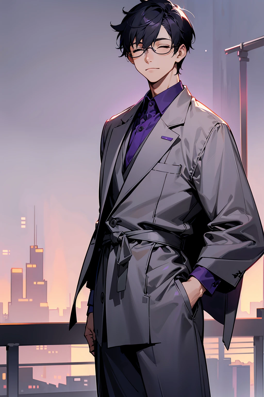 1male, Young Adult, Dark Purple, Eyes Closed, Short Hair, Grey Pants, Grey Lab Coat, Dojo Background, Standing in Dojo, Slight Smile, Glasses, City Background