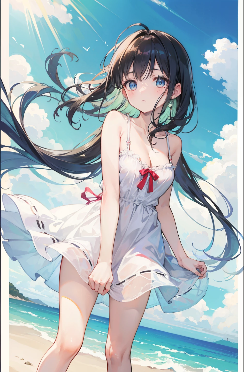 （​masterpiece，Highest Quality），(child)，((white plaid dress))，(A dark-haired，long twintail)，sleepy expression，Delicate body，The wind is blowing