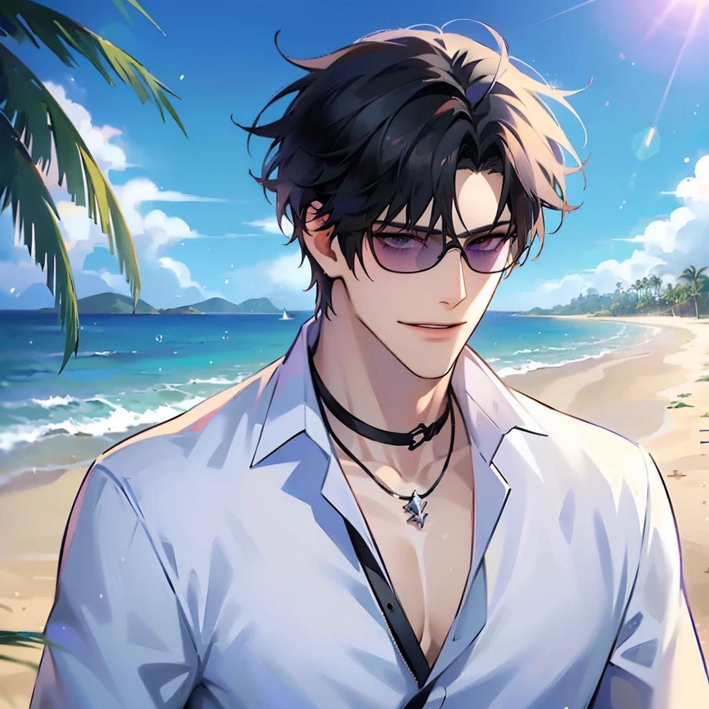 (masterpiece, 4k, high quality:1.3), 1boy, solo, short hair, black hair, asymmetrical fringe, purple eyes, handsome, sharp eyes, (mature male, mature:1.2), male focus, fashionable, tucked in open floral collared shirt, necklace, smile, close up, beach, sand, boats in the background, sunshine, ((sunglasses)), windy