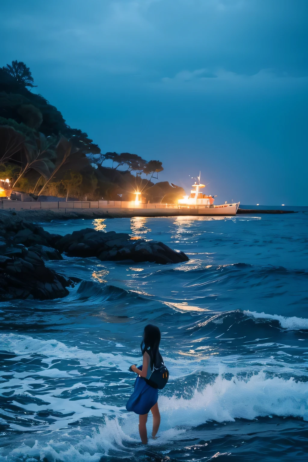 The night, the girl, the sea, fish all around.
